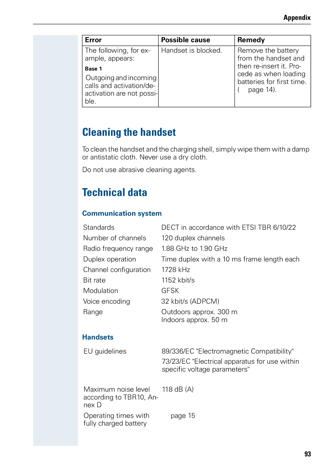 Siemens 3000 V3.0 manual Cleaning the handset, Technical data, Communication system, Handsets 