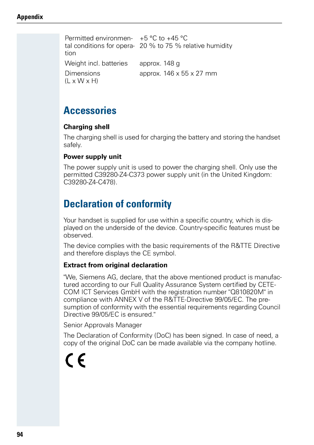 Siemens 3000 V3.0 manual Accessories, Declaration of conformity, Charging shell, Power supply unit 