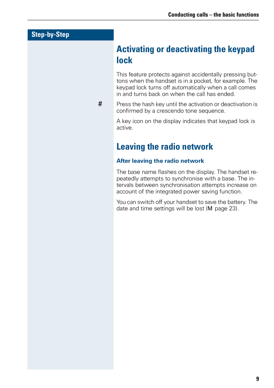 Siemens 3000 V3.0 Activating or deactivating the keypad lock, Leaving the radio network, After leaving the radio network 