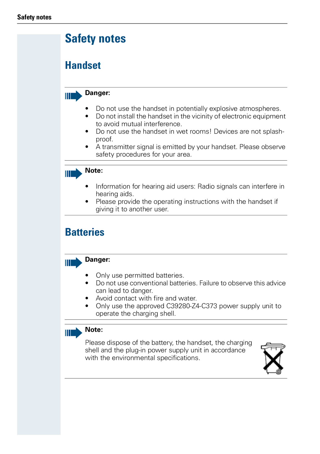 Siemens 3000 V3.0 manual Safety notes, Handset, Batteries 