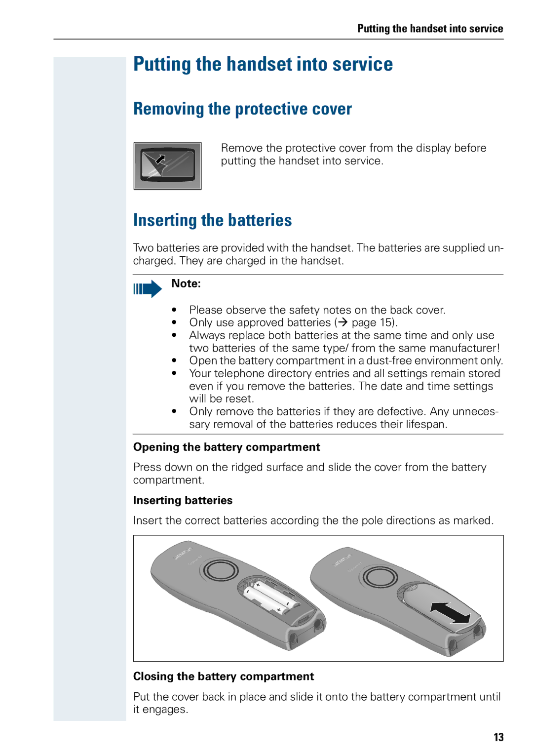 Siemens 3000 V3.0 manual Putting the handset into service, Removing the protective cover, Inserting the batteries 