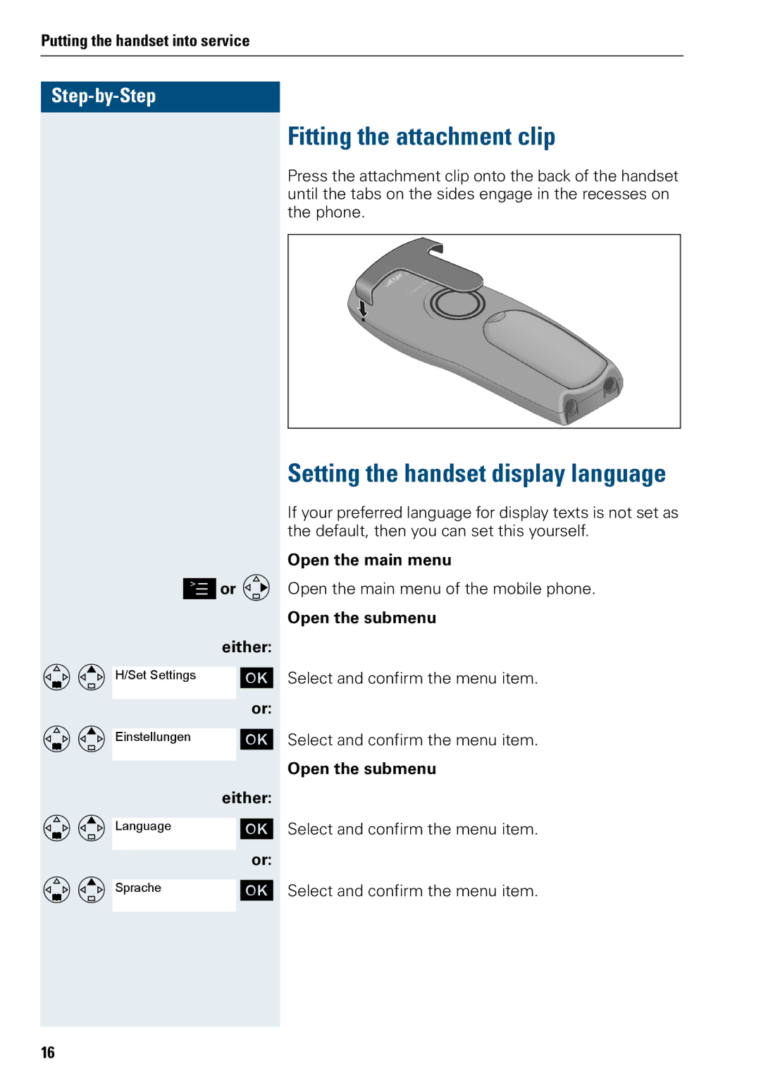 Siemens 3000 V3.0 manual Fitting the attachment clip, Setting the handset display language, Or G Either, Open the main menu 