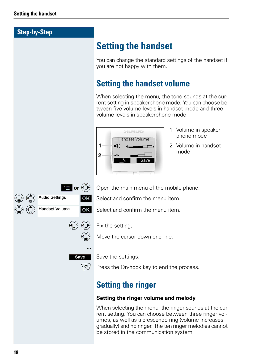 Siemens 3000 V3.0 manual Setting the handset volume, Setting the ringer 