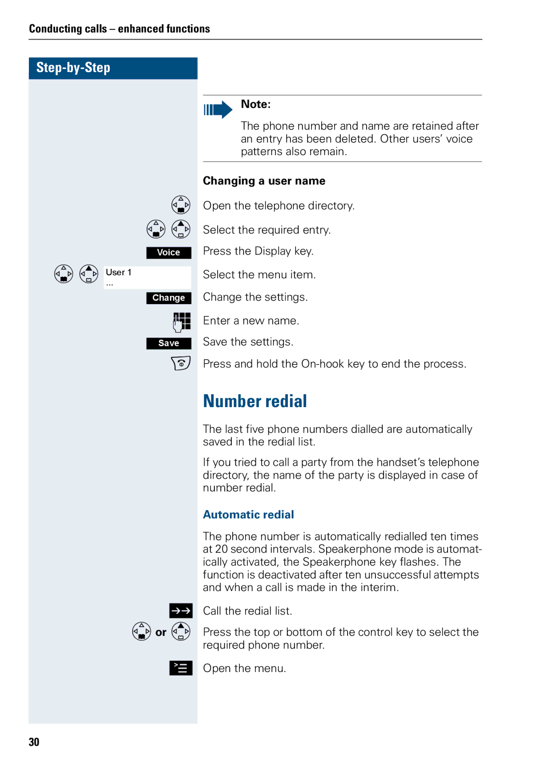 Siemens 3000 V3.0 manual Number redial, Changing a user name, Automatic redial 