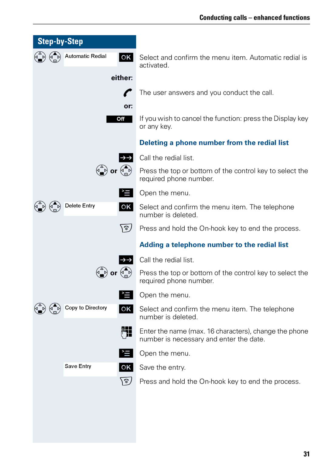 Siemens 3000 V3.0 manual Deleting a phone number from the redial list, Adding a telephone number to the redial list 