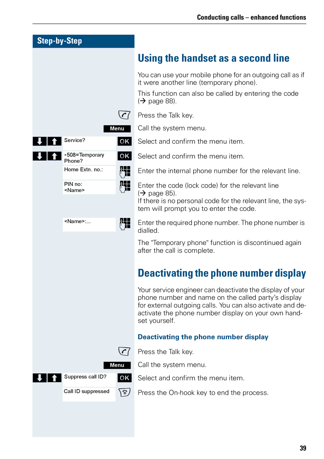 Siemens 3000 V3.0 manual Using the handset as a second line, Deactivating the phone number display 