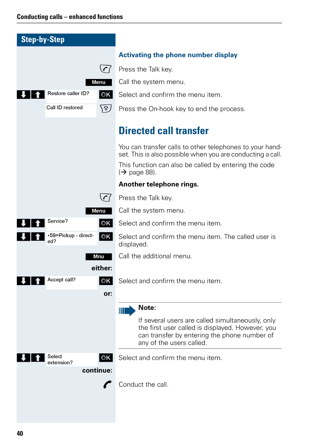 Siemens 3000 V3.0 manual Directed call transfer, Activating the phone number display, Another telephone rings 