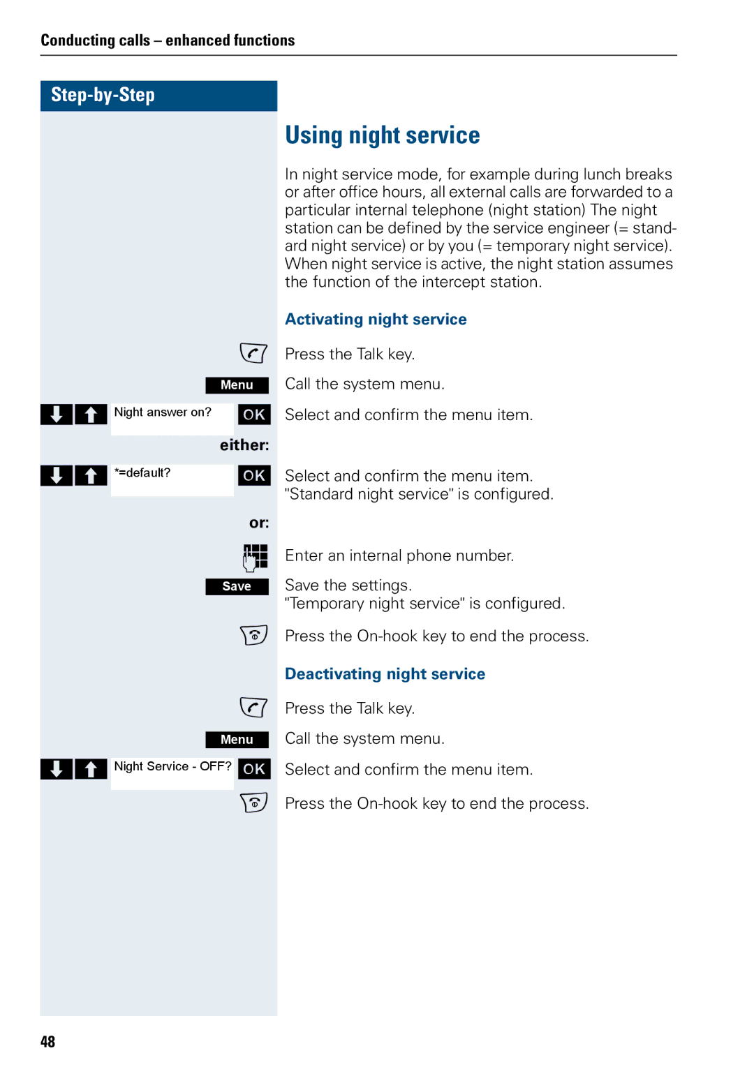 Siemens 3000 V3.0 manual Using night service, Activating night service, Deactivating night service 