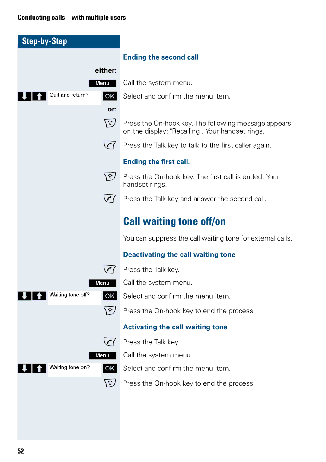 Siemens 3000 V3.0 manual Call waiting tone off/on, Ending the second call, Ending the first call 