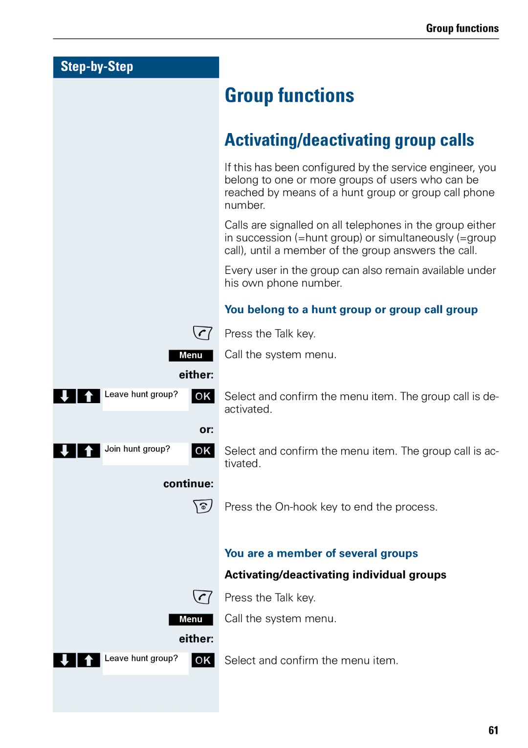 Siemens 3000 V3.0 Group functions, Activating/deactivating group calls, You belong to a hunt group or group call group 