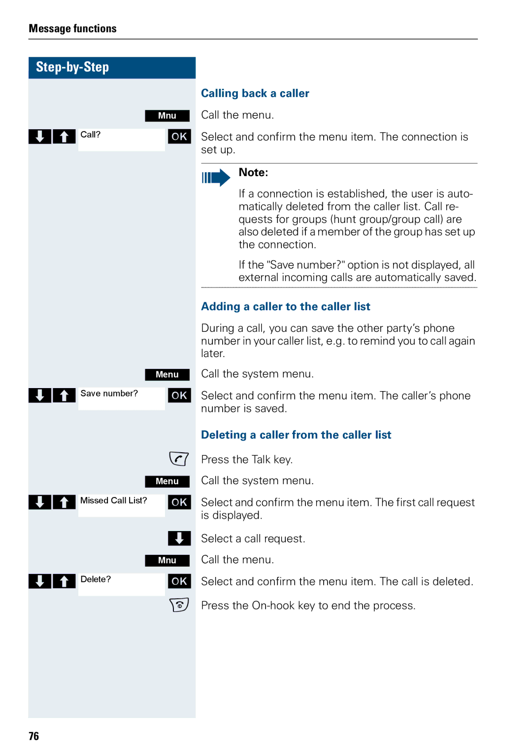 Siemens 3000 V3.0 manual Calling back a caller, Adding a caller to the caller list, Deleting a caller from the caller list 