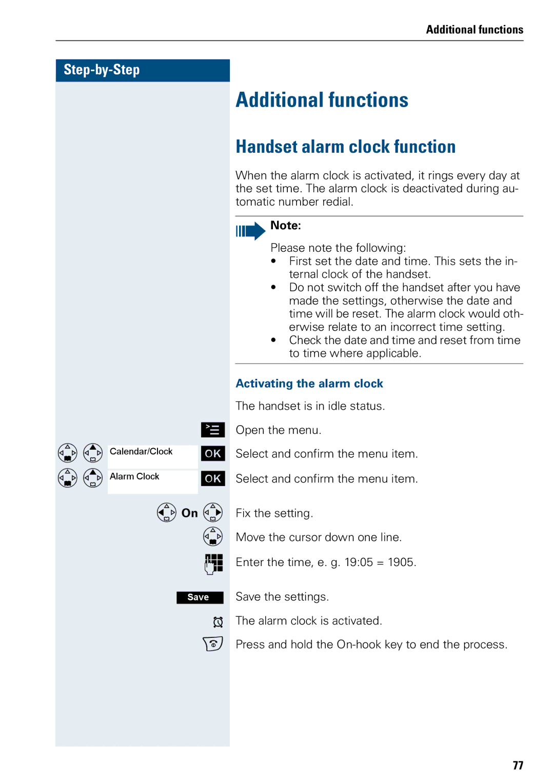 Siemens 3000 V3.0 manual Additional functions, Handset alarm clock function, FOn G, Activating the alarm clock 