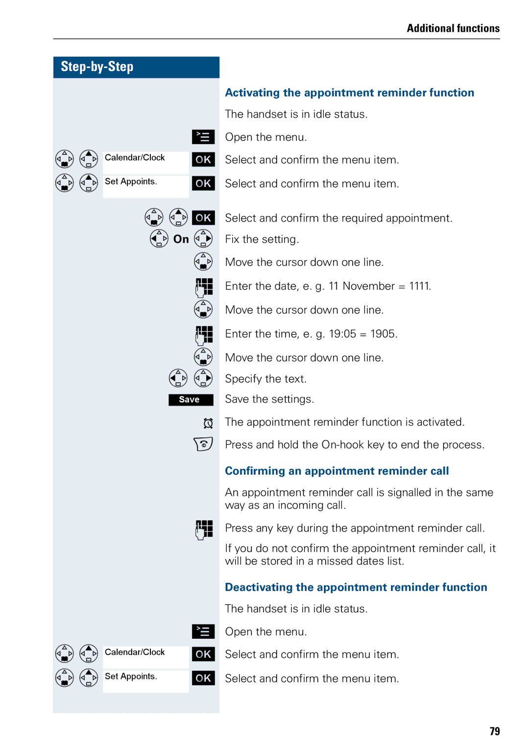 Siemens 3000 V3.0 manual Activating the appointment reminder function, Confirming an appointment reminder call 