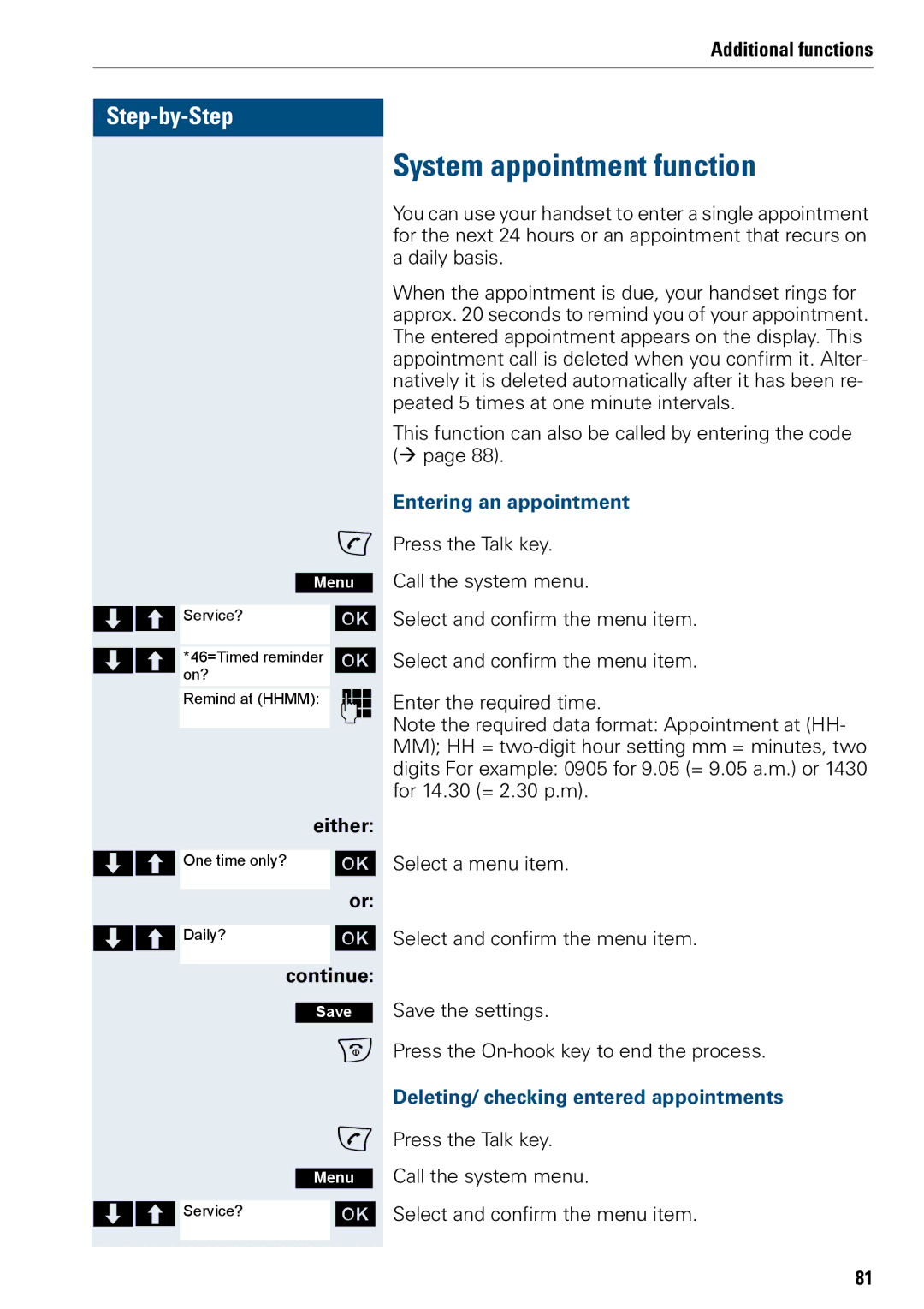 Siemens 3000 V3.0 manual System appointment function, Entering an appointment, Deleting/ checking entered appointments 