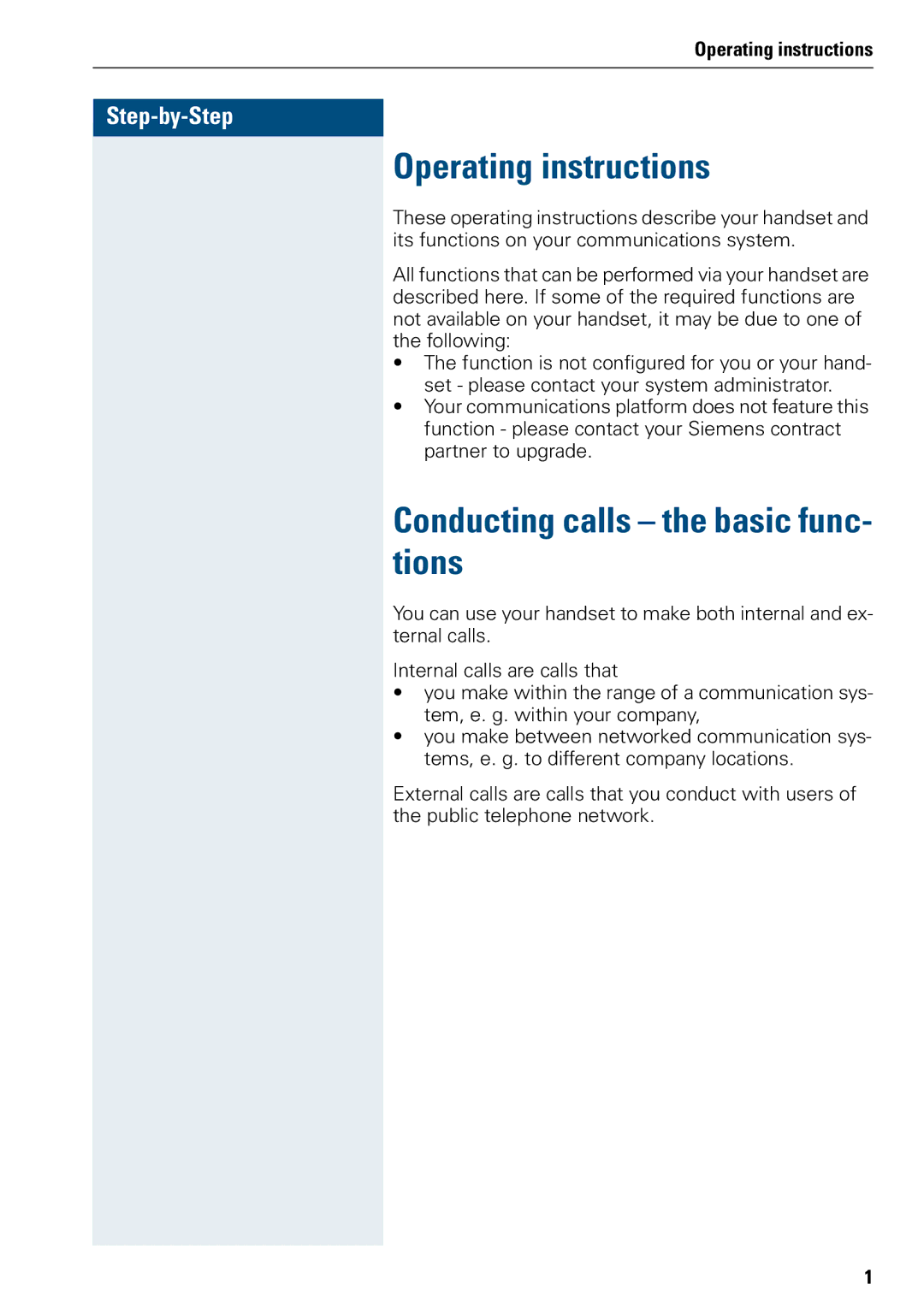 Siemens 3000 V3.0 manual Operating instructions, Conducting calls the basic func- tions 