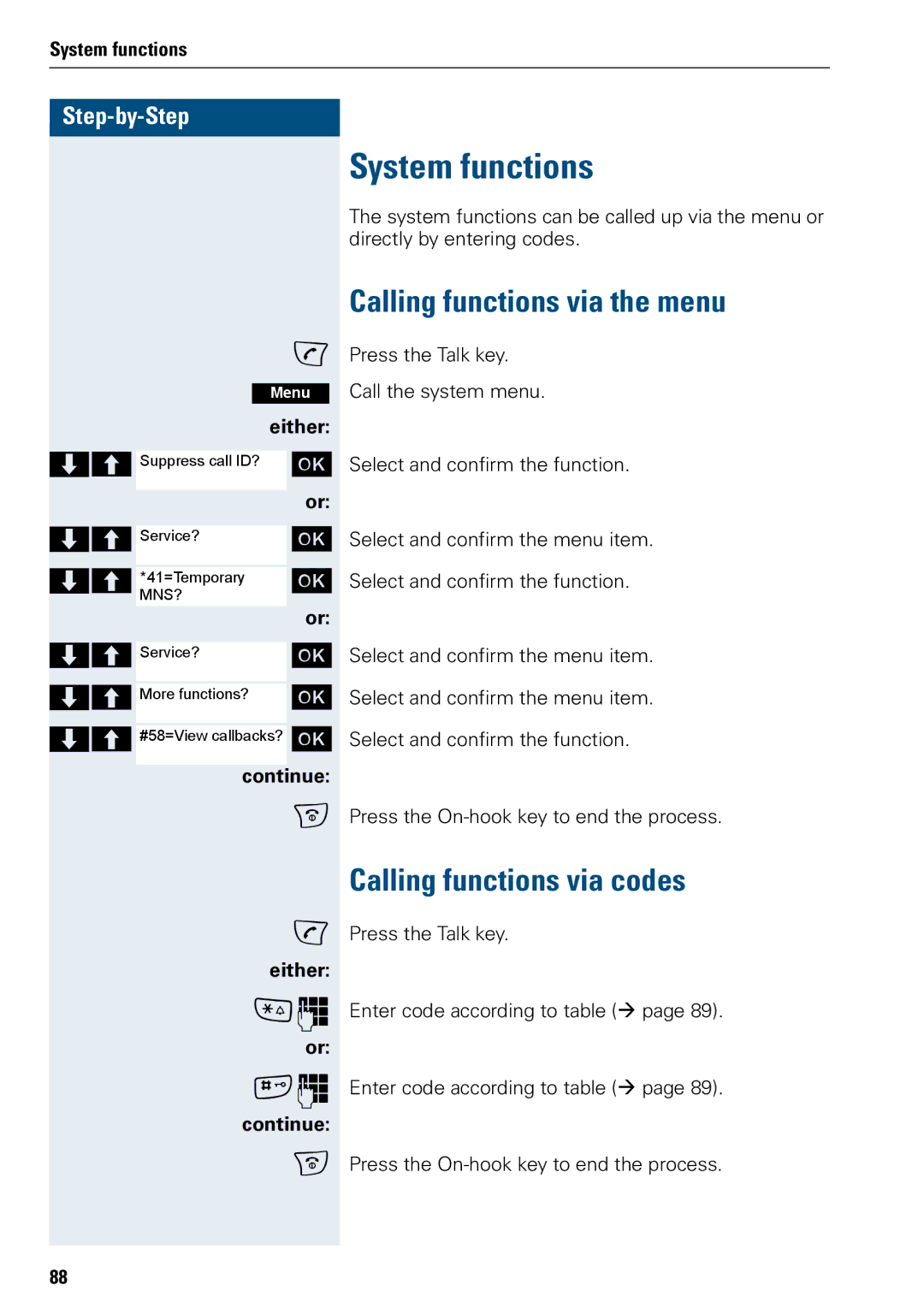 Siemens 3000 V3.0 manual System functions, Calling functions via the menu, Calling functions via codes, Continue Either 