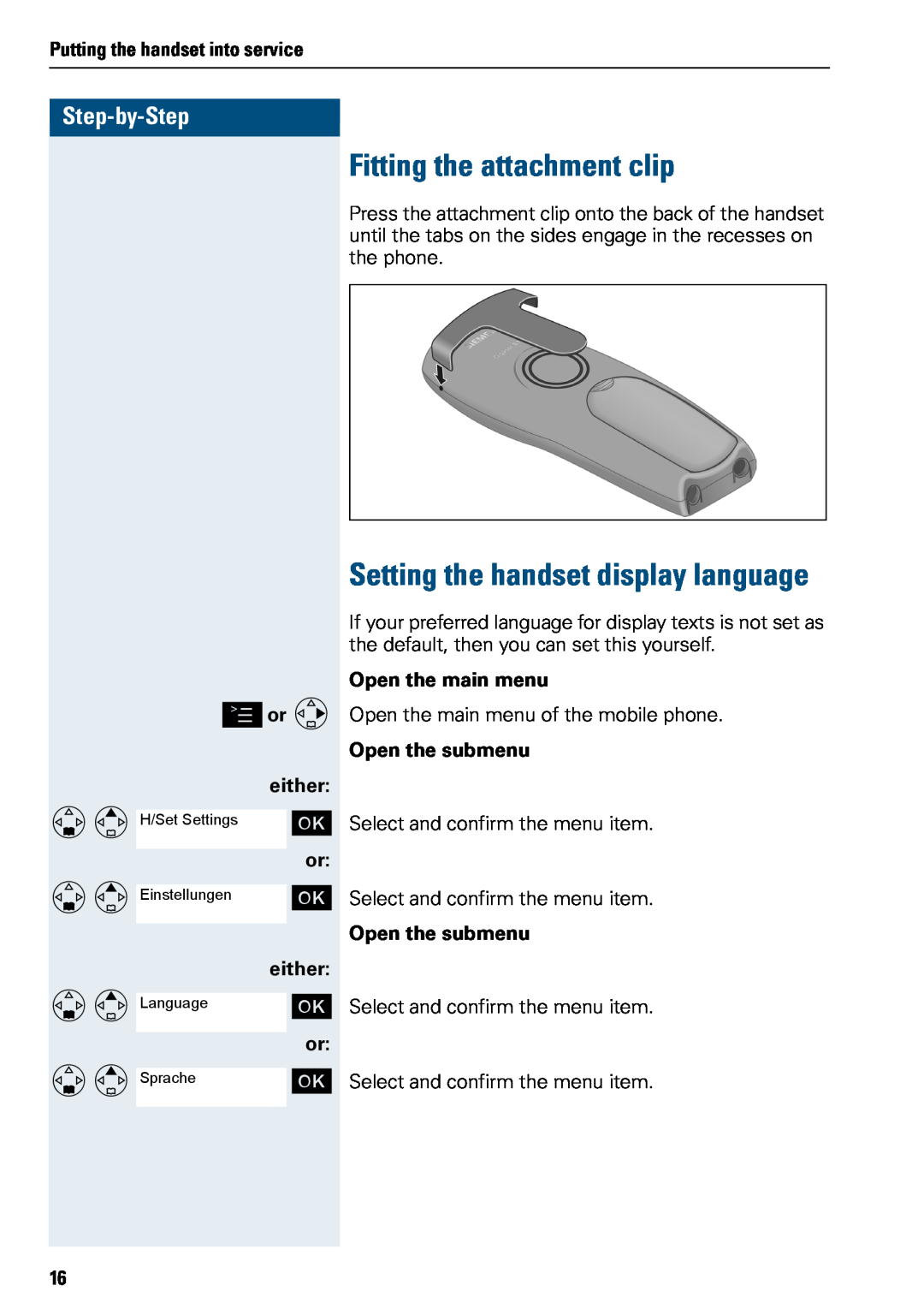 Siemens 3000 V3.0 manual Fitting the attachment clip, Setting the handset display language, Step-by-Step, or G either 