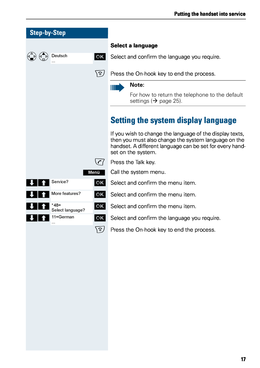 Siemens 3000 V3.0 Setting the system display language, Step-by-Step, Putting the handset into service, Select a language 