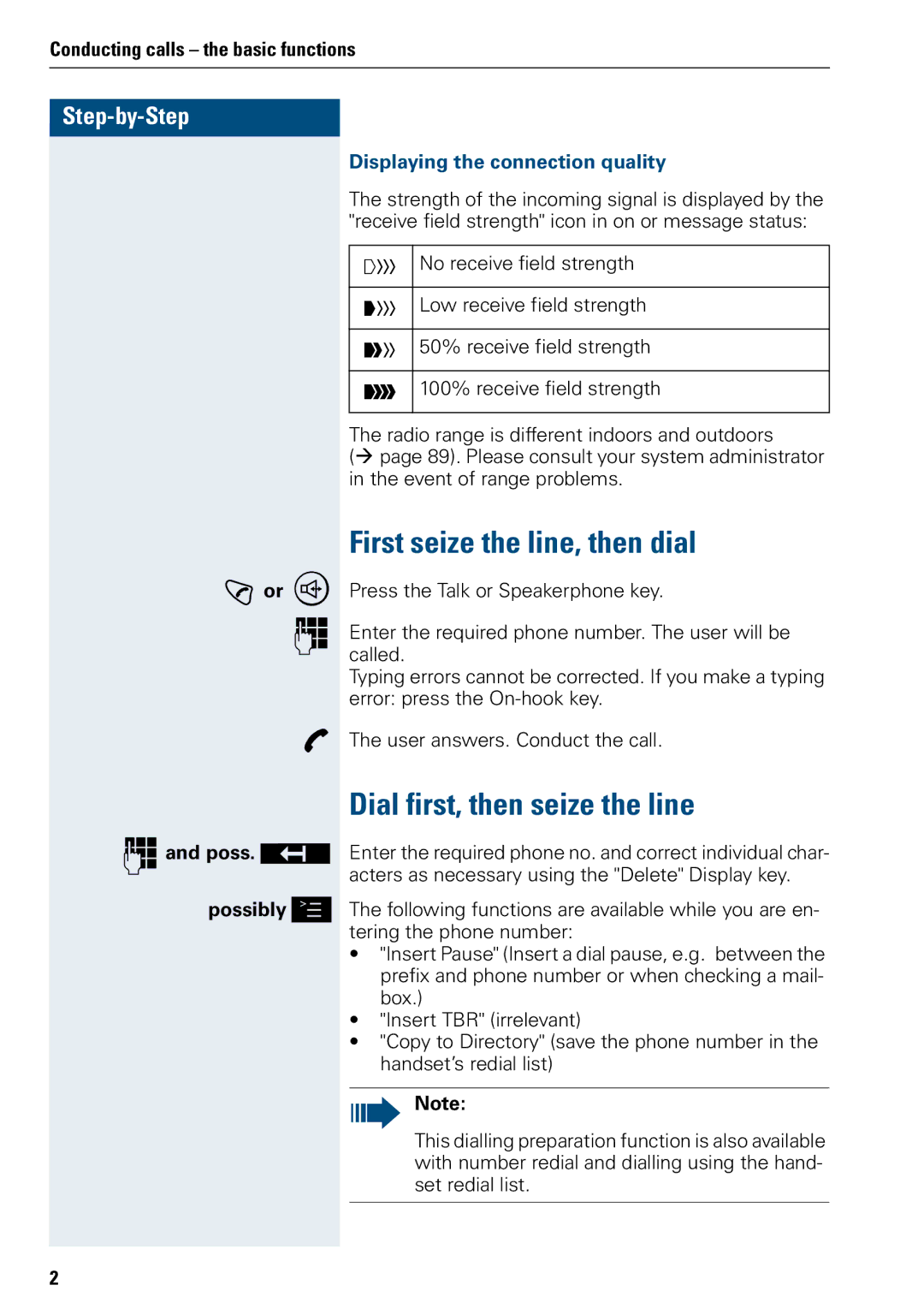 Siemens 3000 First seize the line, then dial, Dial first, then seize the line, Conducting calls the basic functions 