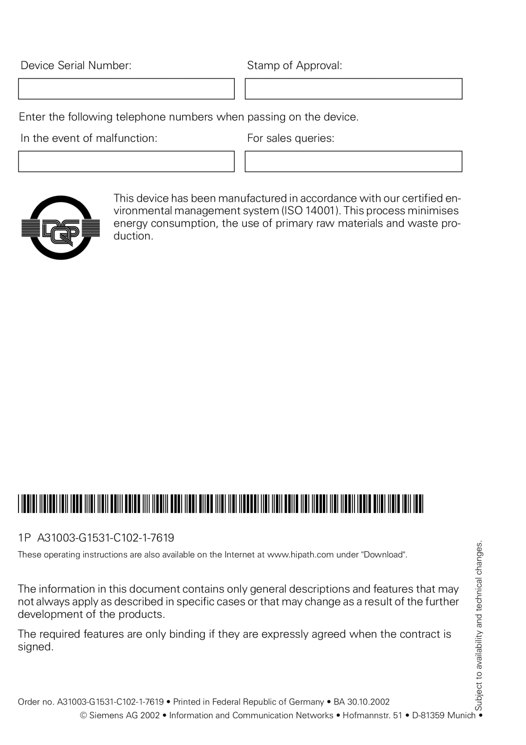 Siemens 3000 operating instructions 1PA31003-G1531-C102-1-7619 