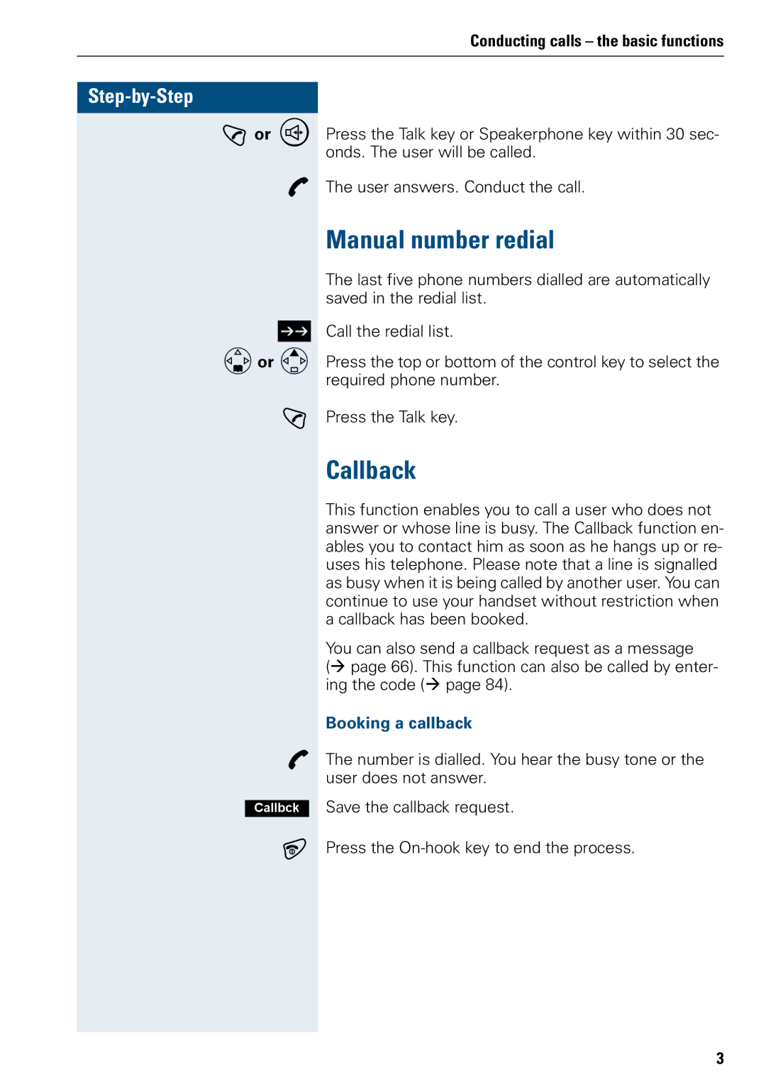 Siemens 3000 operating instructions Manual number redial, Callback, Cor u Dor E, Booking a callback 