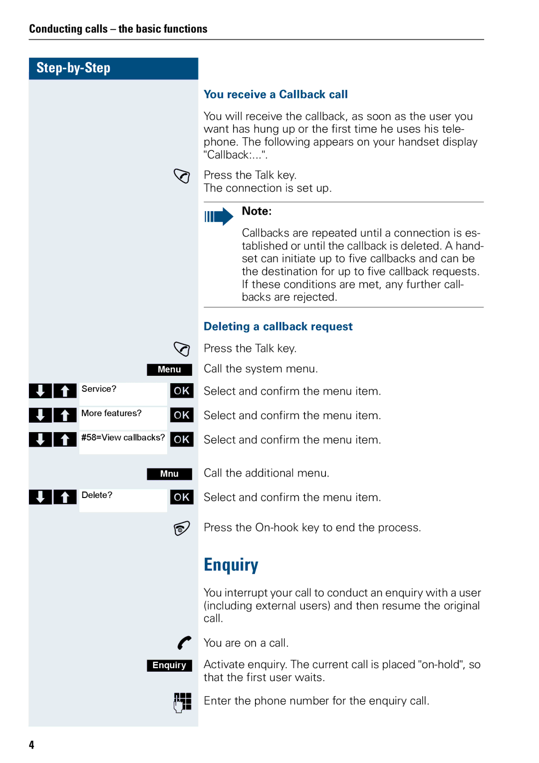 Siemens 3000 operating instructions Enquiry, You receive a Callback call, Deleting a callback request 