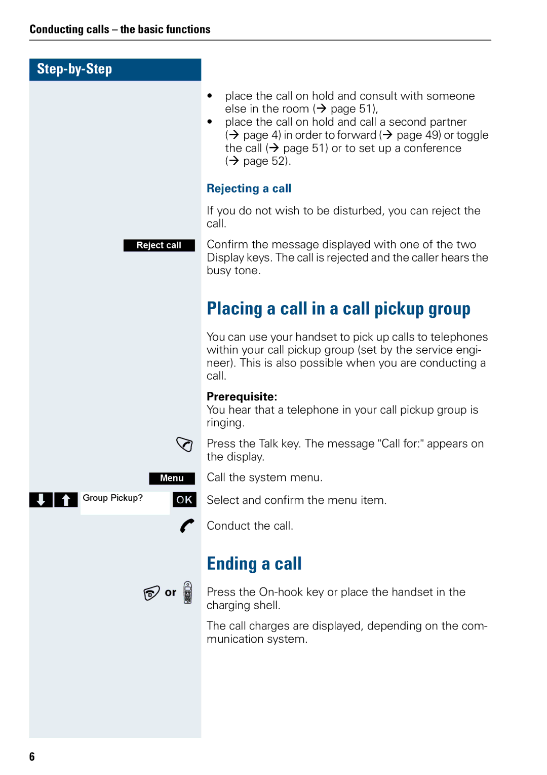 Siemens 3000 Placing a call in a call pickup group, Ending a call, Aor k, Rejecting a call, Prerequisite 