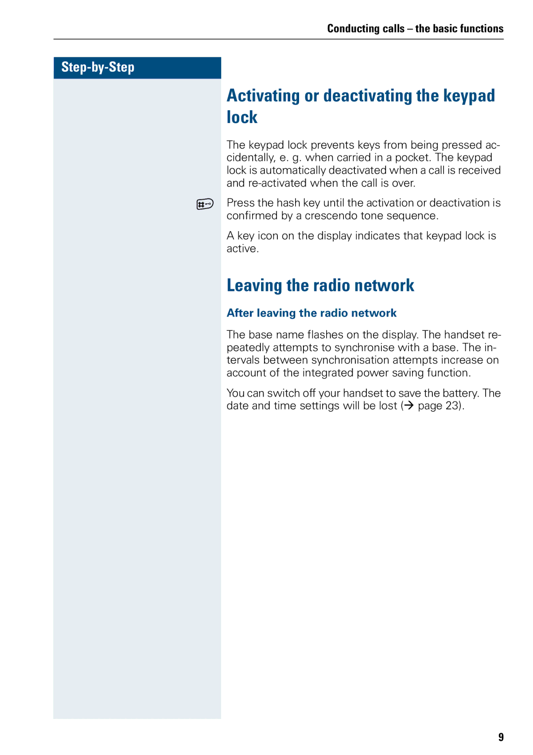 Siemens 3000 Activating or deactivating the keypad lock, Leaving the radio network, After leaving the radio network 