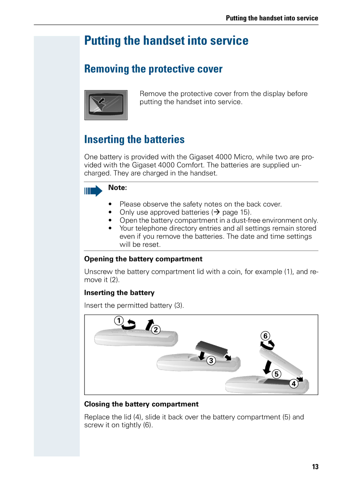 Siemens 3000 Putting the handset into service, Removing the protective cover, Inserting the batteries 