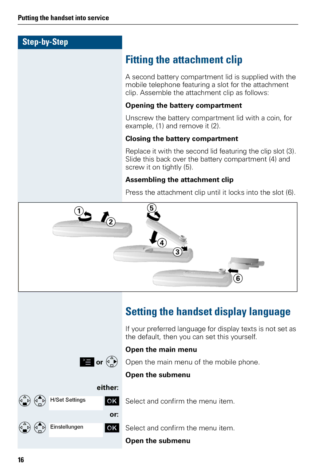 Siemens 3000 operating instructions Fitting the attachment clip, Setting the handset display language 