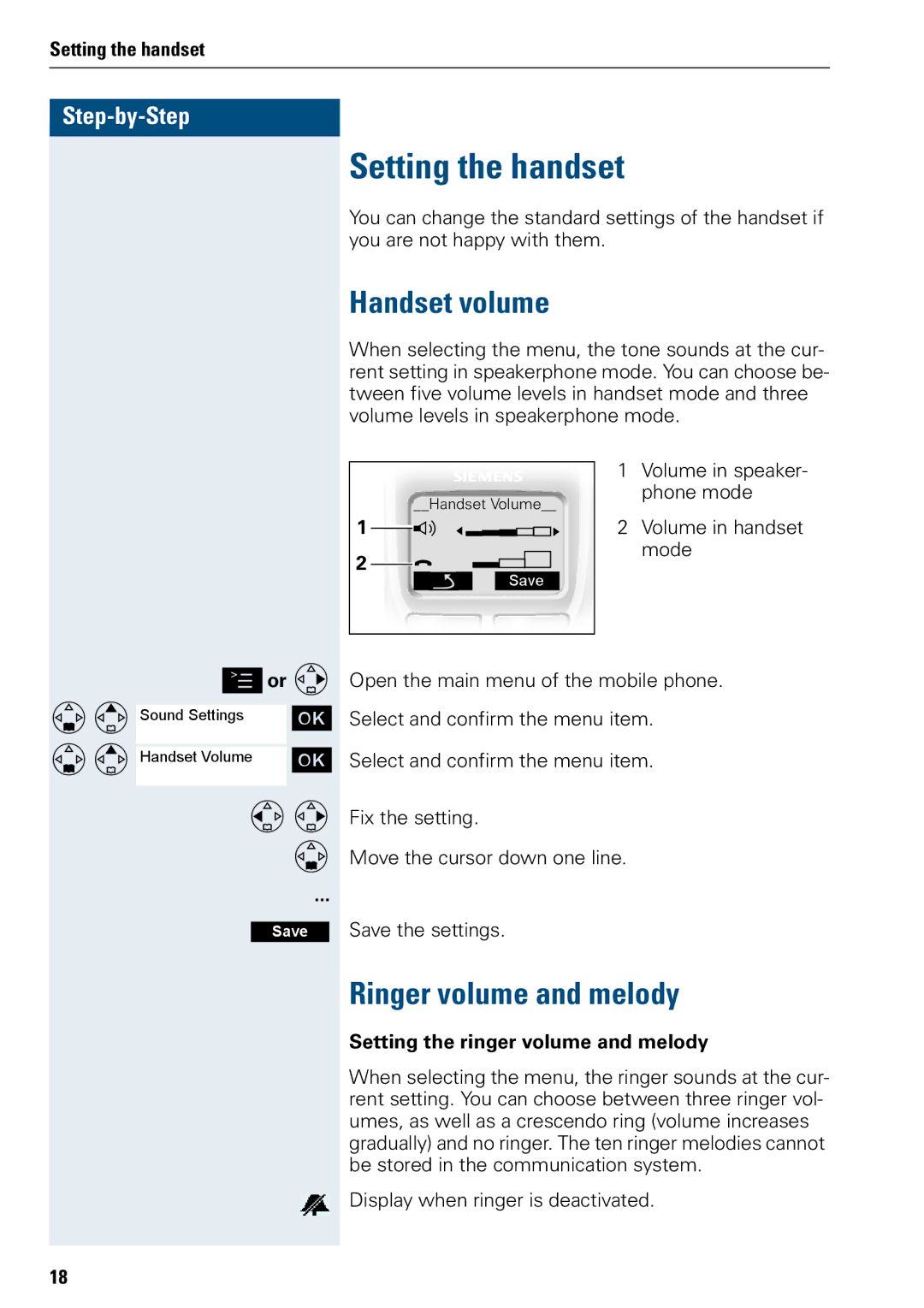 Siemens 3000 operating instructions Setting the handset, Handset volume, Ringer volume and melody 