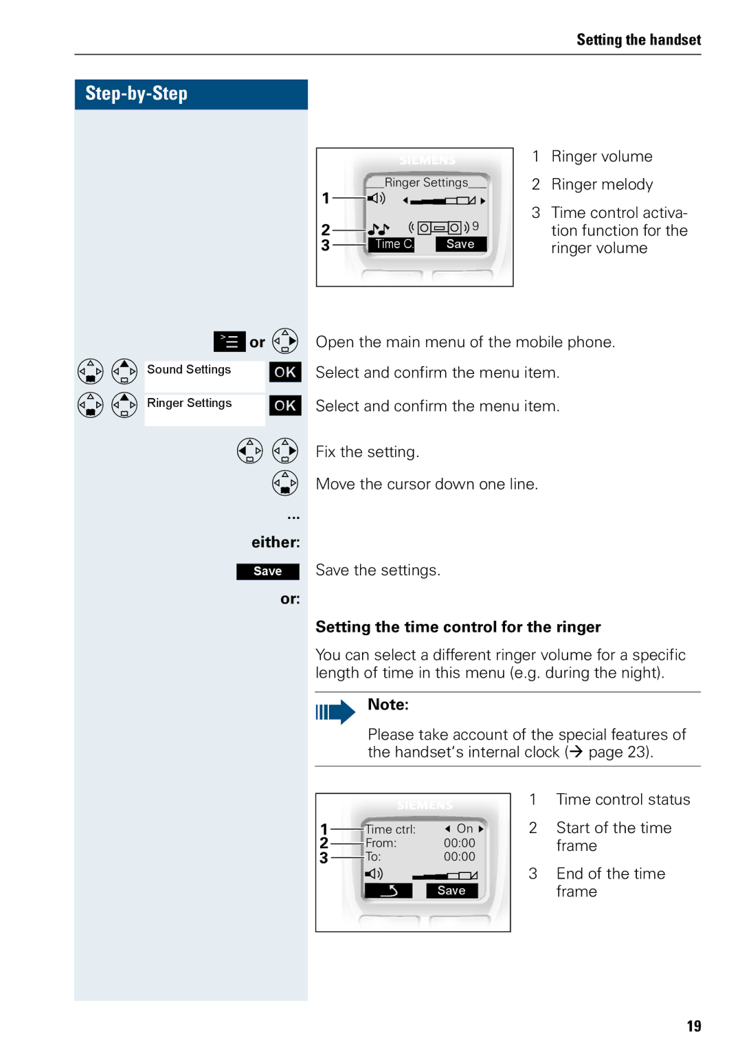 Siemens 3000 operating instructions Setting the time control for the ringer 