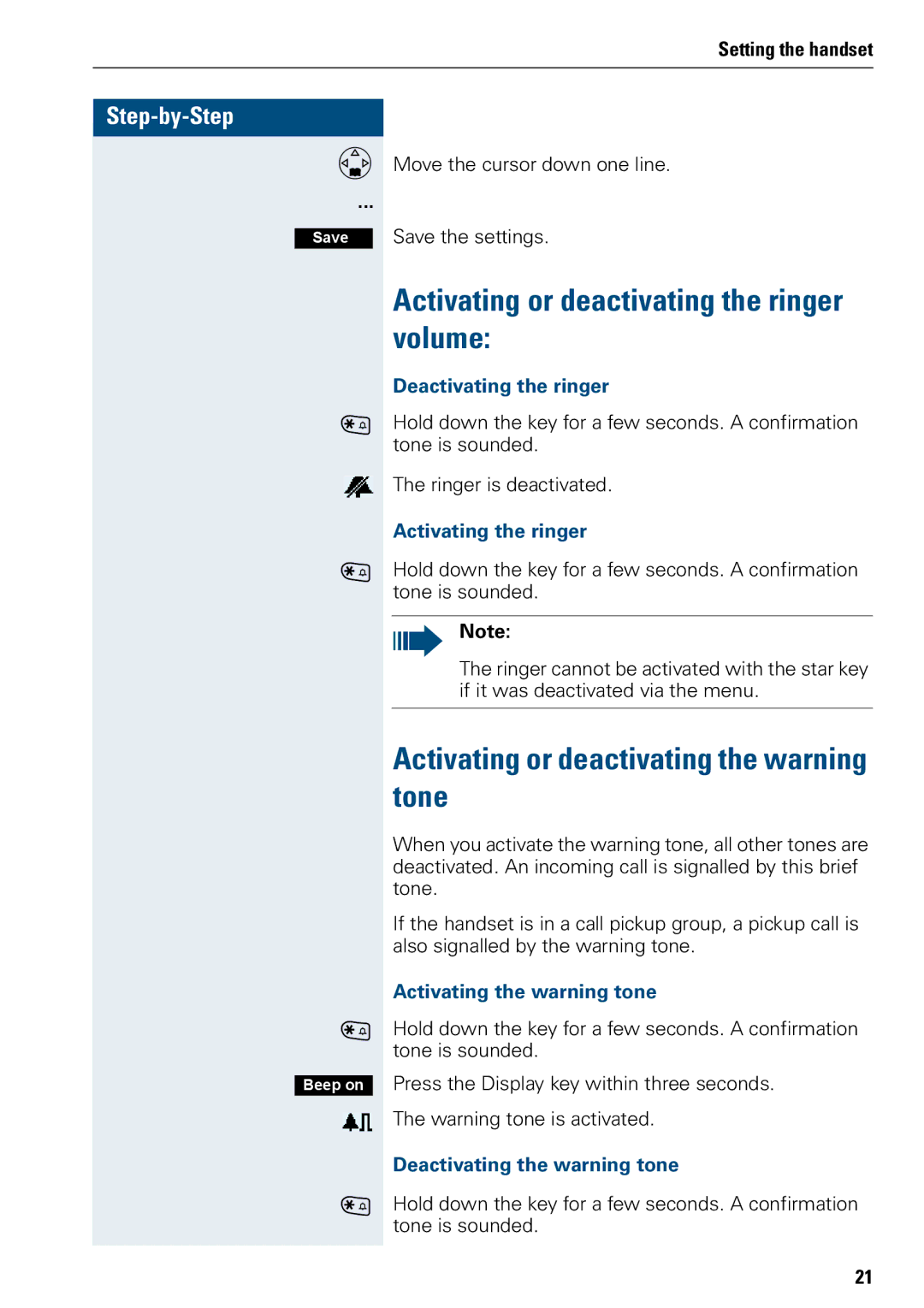 Siemens 3000 Activating or deactivating the ringer volume, Activating or deactivating the warning tone 