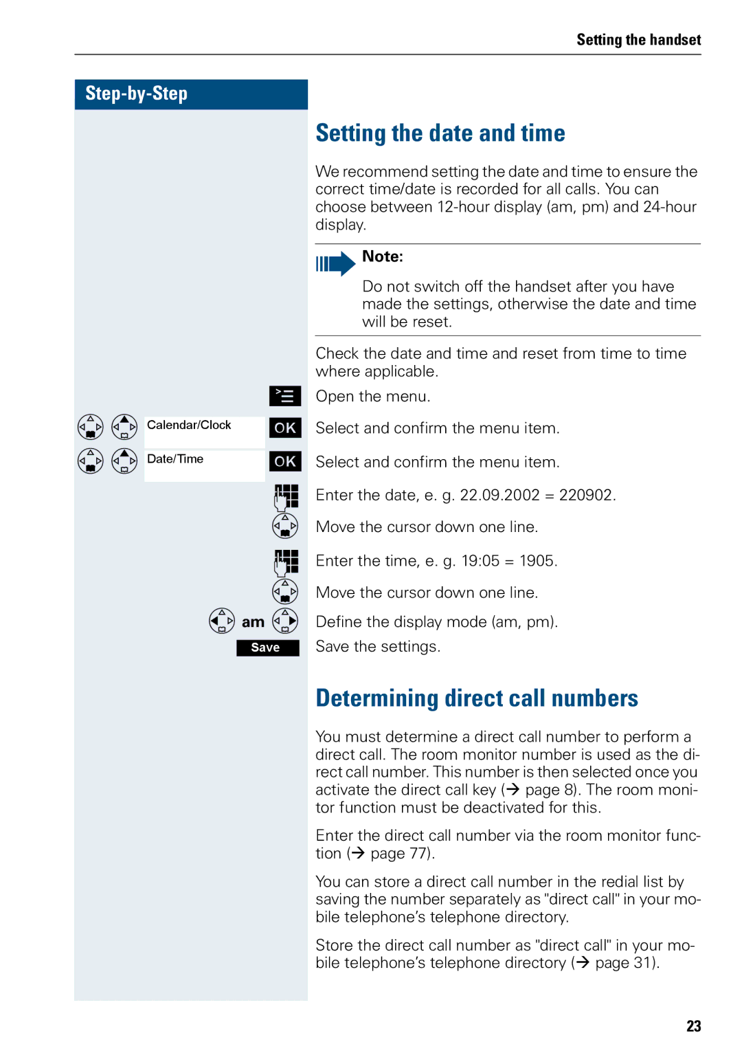 Siemens 3000 operating instructions Setting the date and time, Determining direct call numbers, Fam G 