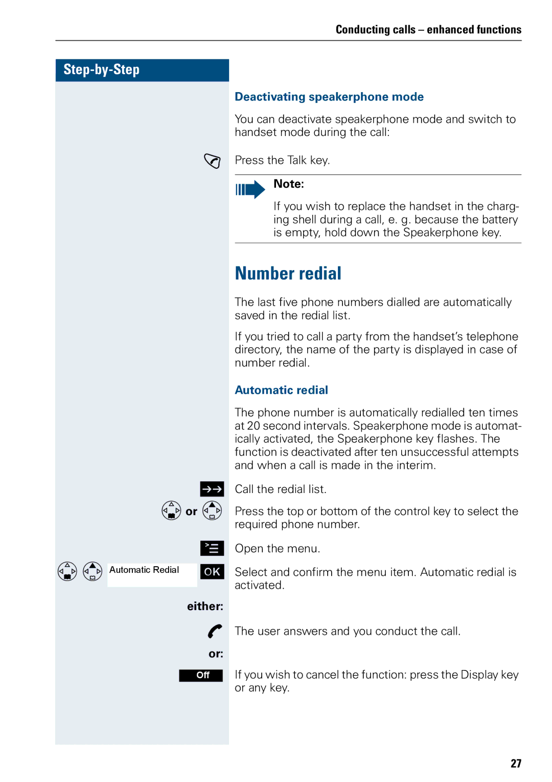 Siemens 3000 operating instructions Number redial, Deactivating speakerphone mode, Automatic redial 