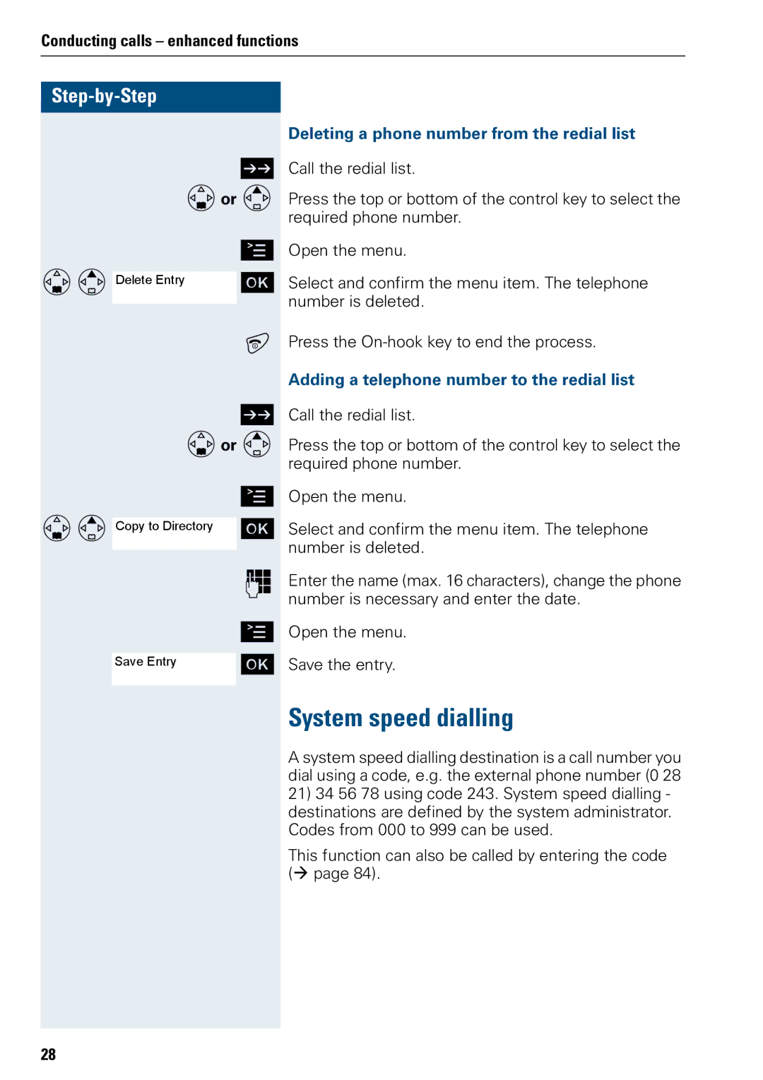 Siemens 3000 operating instructions System speed dialling, Deleting a phone number from the redial list 