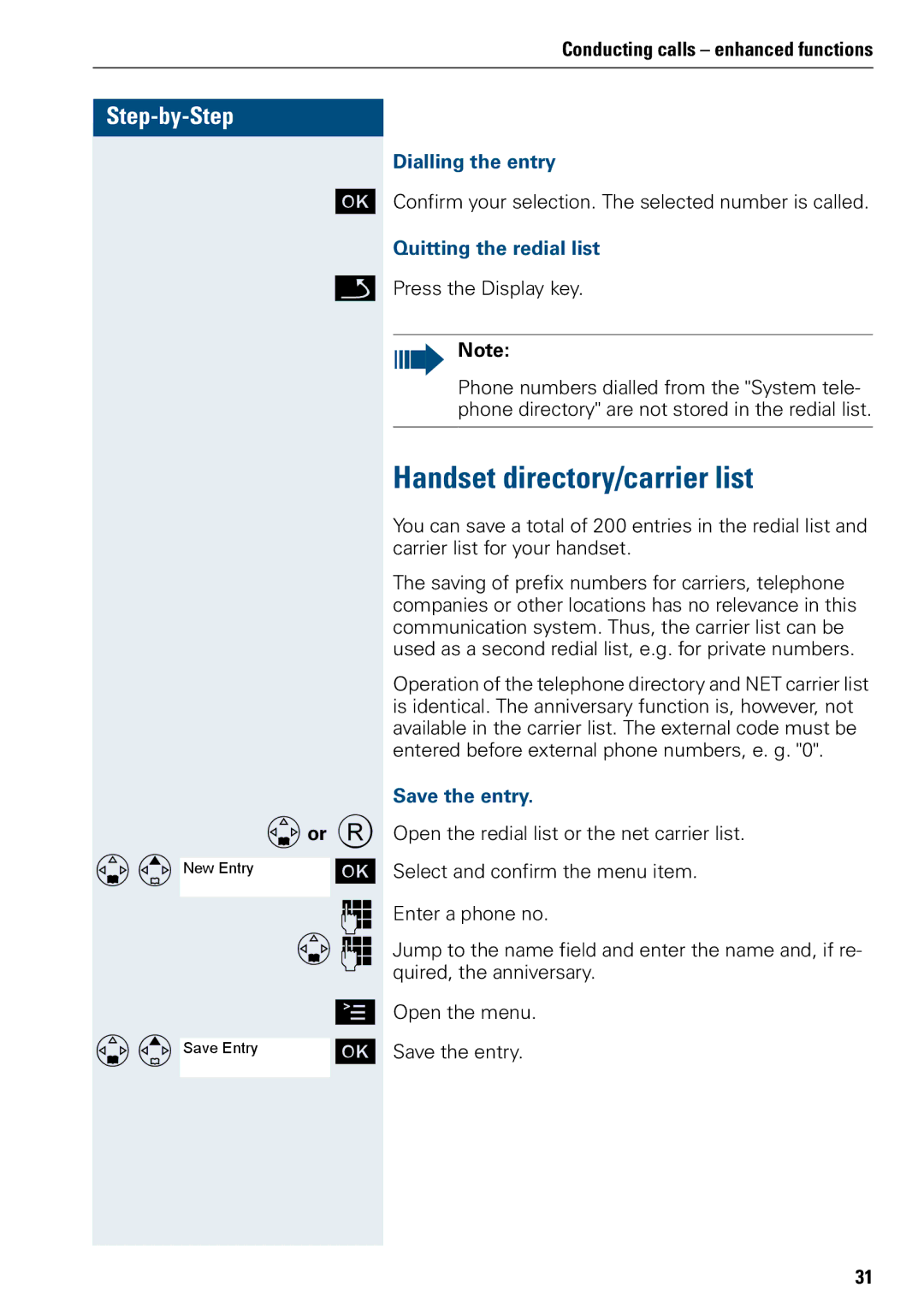 Siemens 3000 Handset directory/carrier list, Dor R, Dialling the entry, Quitting the redial list, Save the entry 