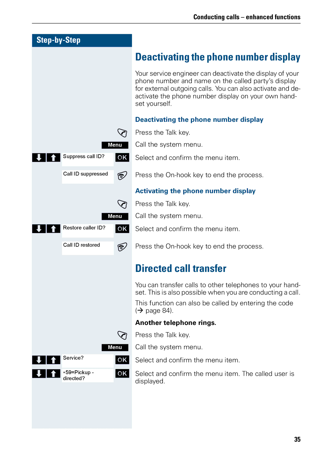 Siemens 3000 Directed call transfer, Deactivating the phone number display, Activating the phone number display 