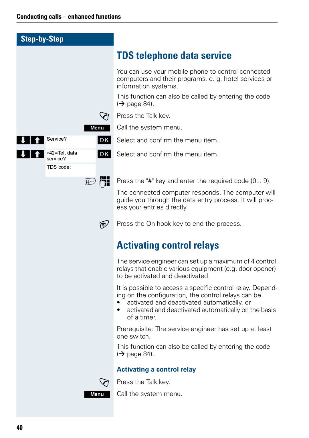 Siemens 3000 operating instructions TDS telephone data service, Activating control relays, Activating a control relay 