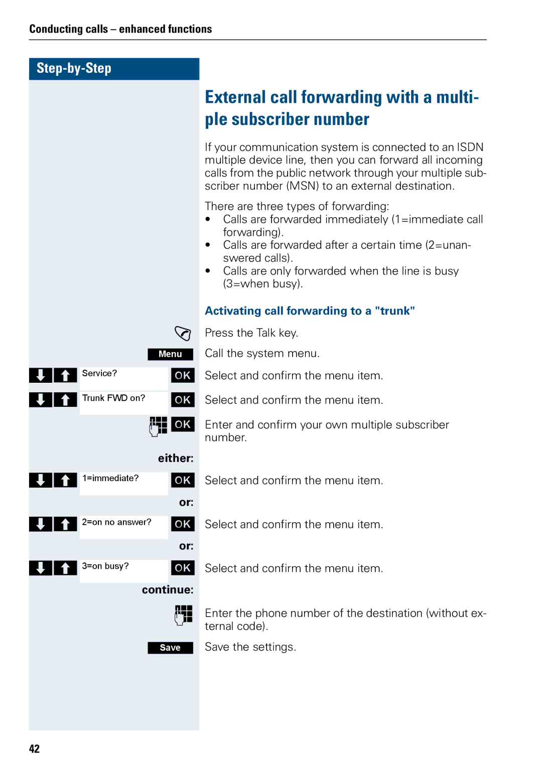 Siemens 3000 External call forwarding with a multi- ple subscriber number, Activating call forwarding to a trunk 