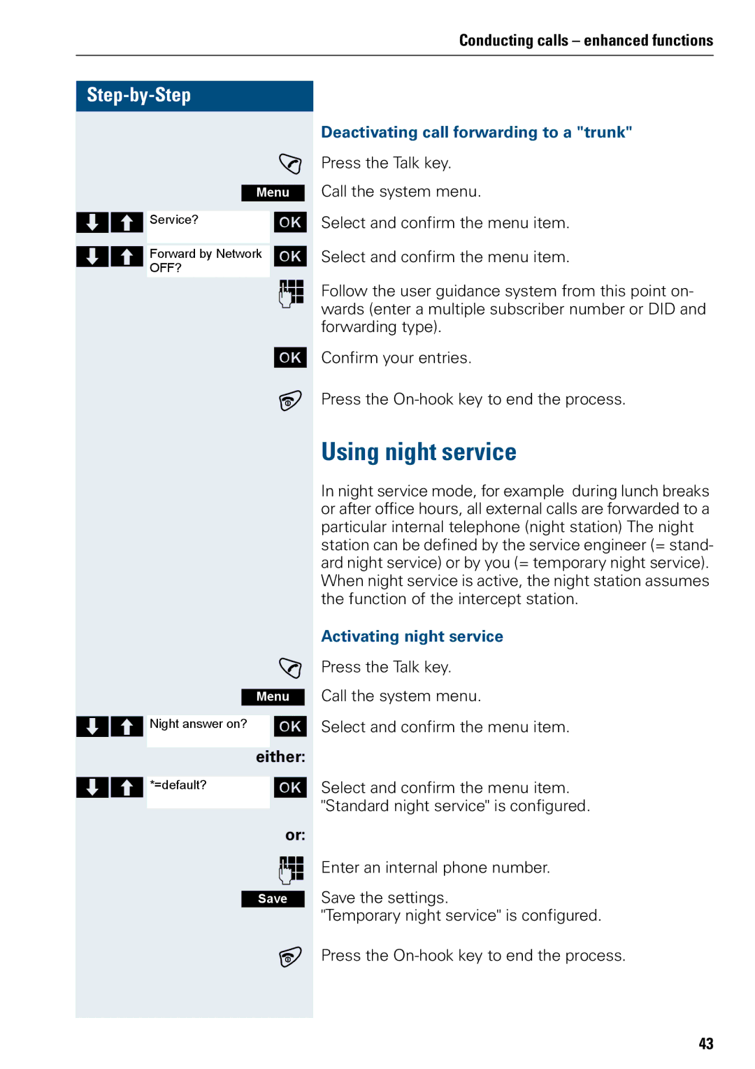 Siemens 3000 operating instructions Using night service, Deactivating call forwarding to a trunk, Activating night service 