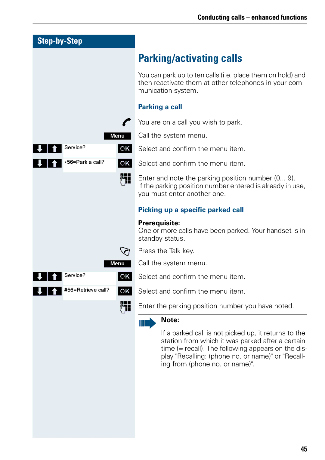 Siemens 3000 operating instructions Parking/activating calls, Parking a call, Picking up a specific parked call 