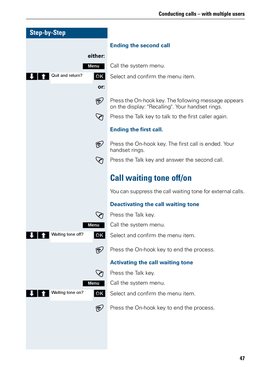 Siemens 3000 Call waiting tone off/on, Ending the second call, Ending the first call, Deactivating the call waiting tone 