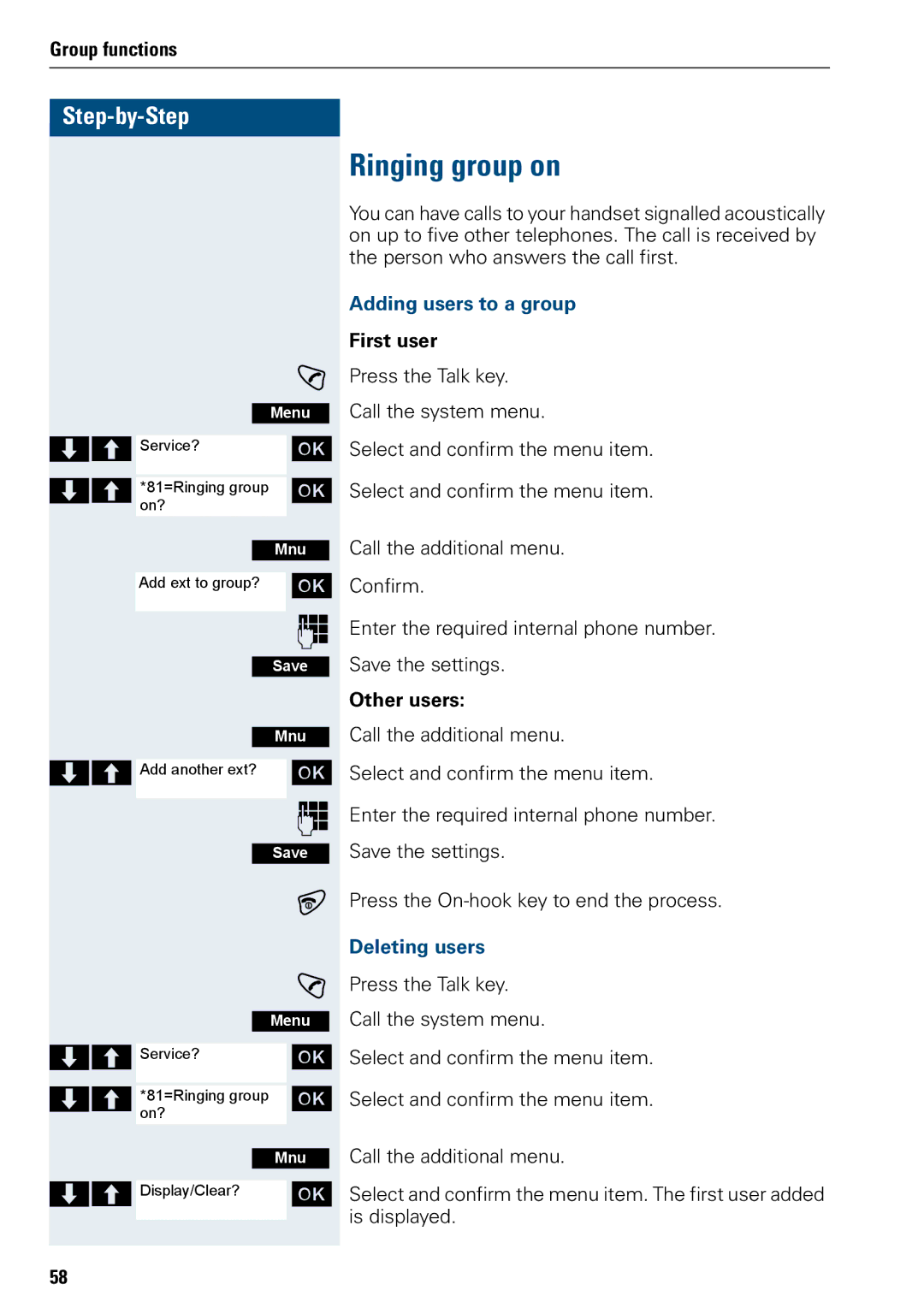 Siemens 3000 operating instructions Ringing group on, Adding users to a group, First user, Other users, Deleting users 