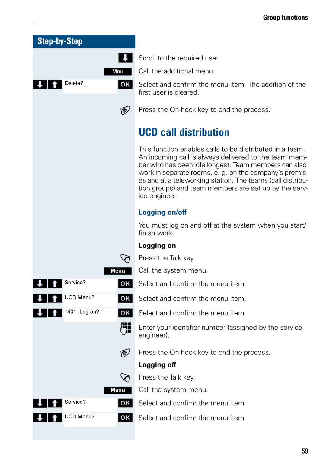 Siemens 3000 operating instructions UCD call distribution, Logging on/off, Logging off 