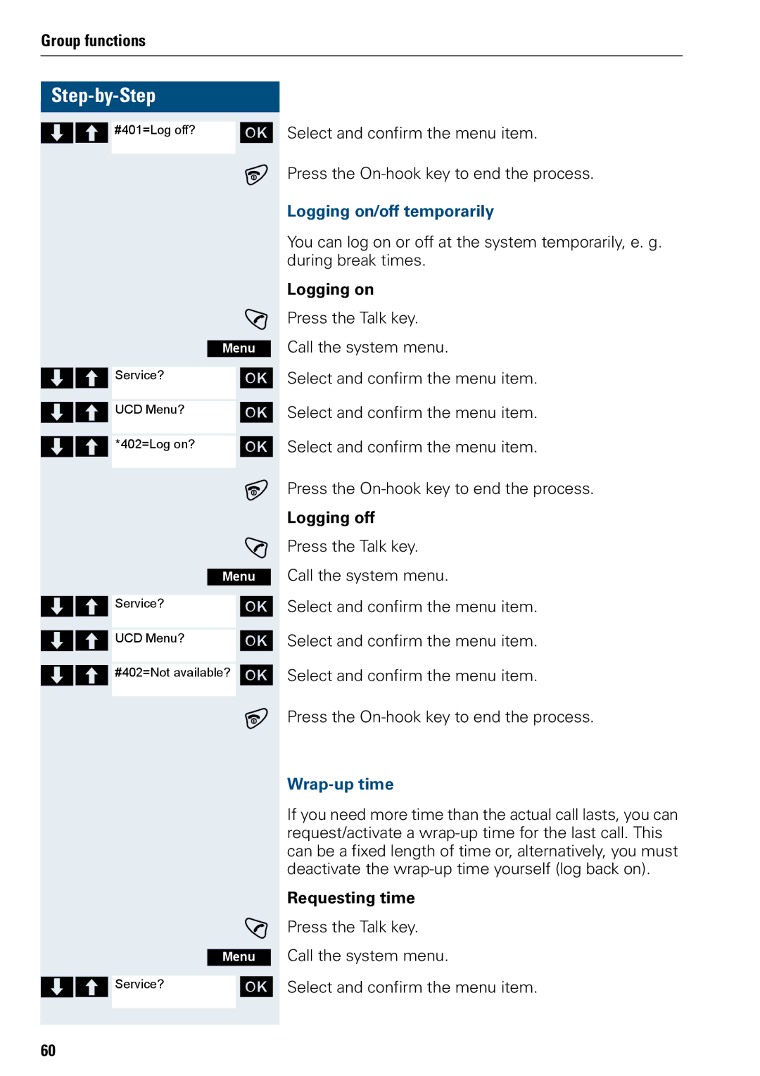 Siemens 3000 operating instructions Logging on/off temporarily, Wrap-up time, Requesting time 