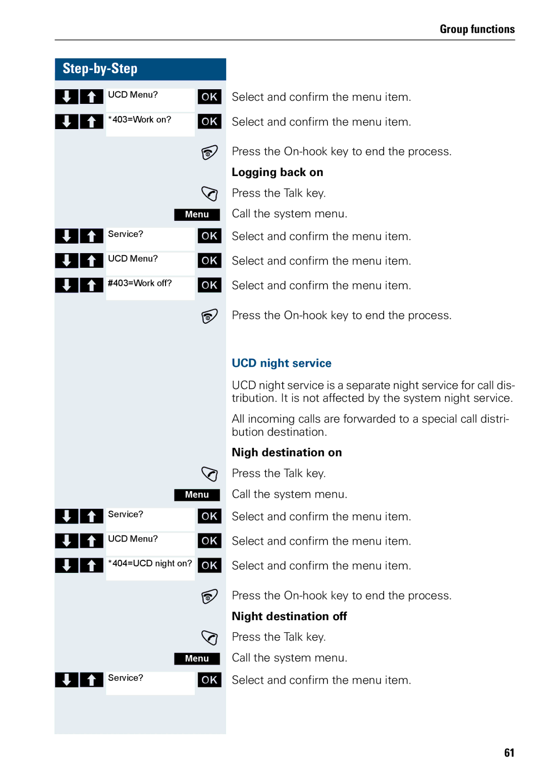 Siemens 3000 operating instructions Logging back on, UCD night service, Nigh destination on, Night destination off 