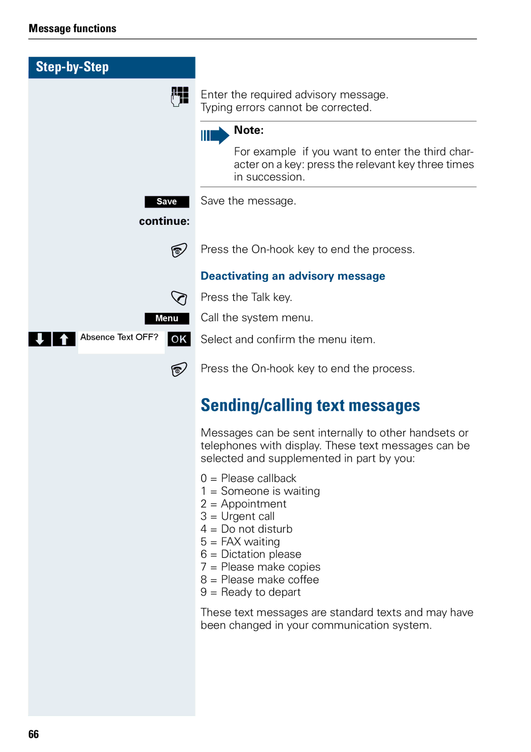 Siemens 3000 operating instructions Sending/calling text messages, Deactivating an advisory message 