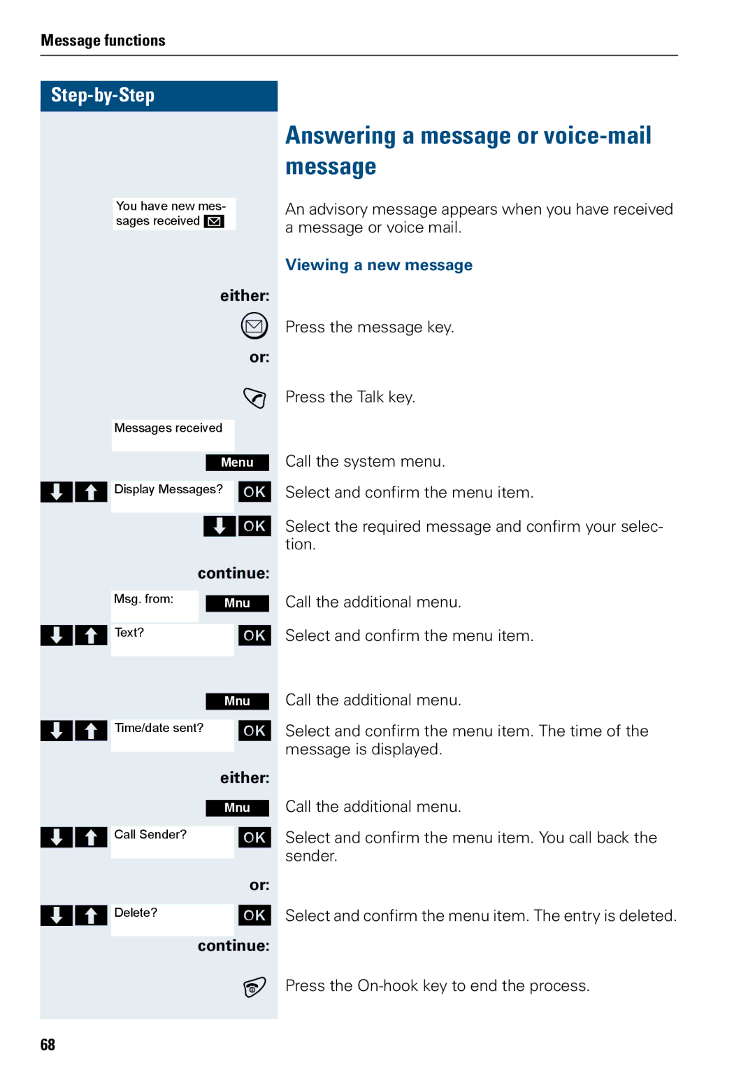 Siemens 3000 operating instructions Answering a message or voice-mail message, Viewing a new message 