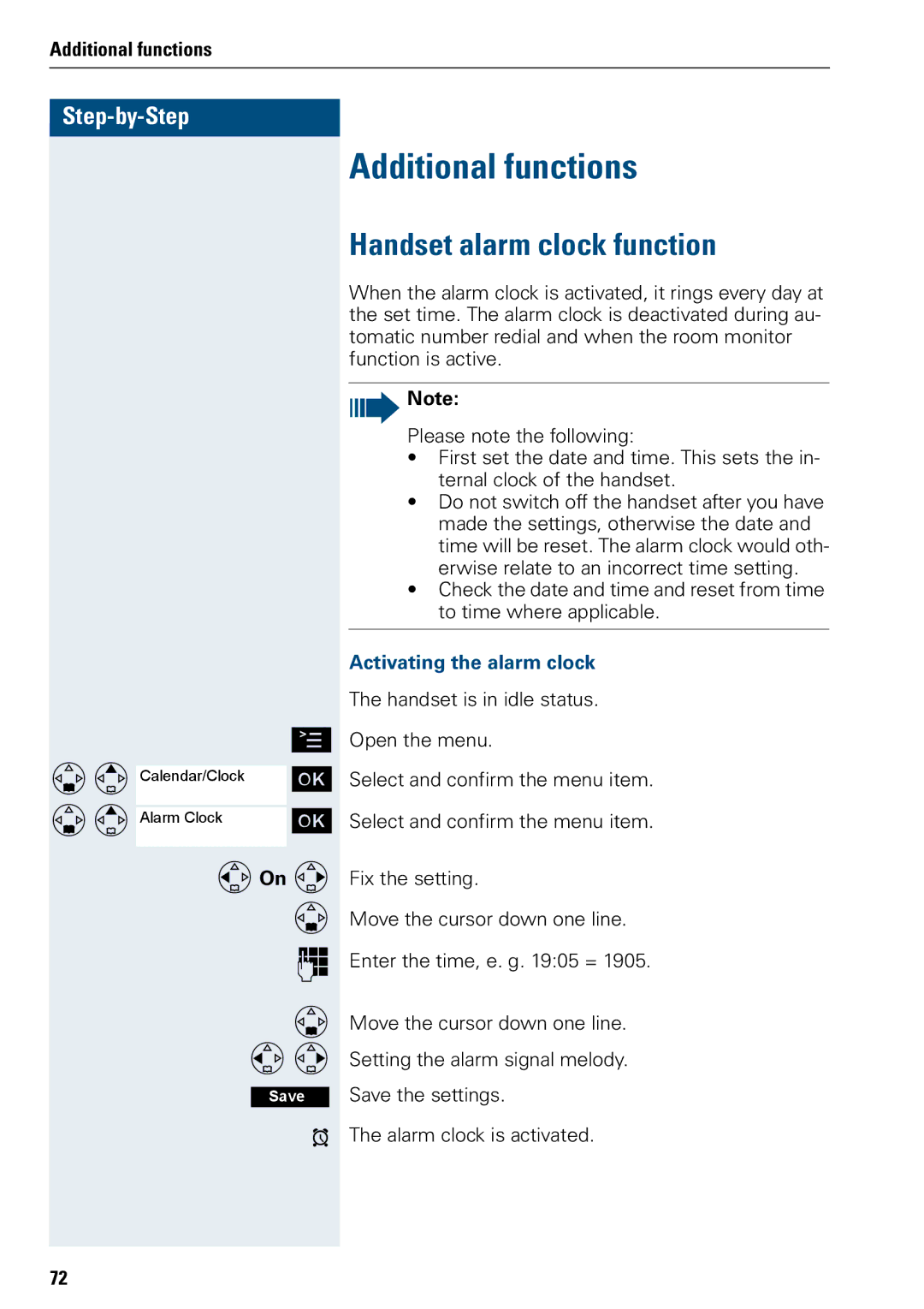 Siemens 3000 operating instructions Additional functions, Handset alarm clock function, FOn G, Activating the alarm clock 